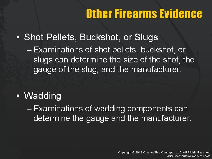 Other Firearms Evidence • Shot Pellets, Buckshot, or Slugs – Examinations of shot pellets,