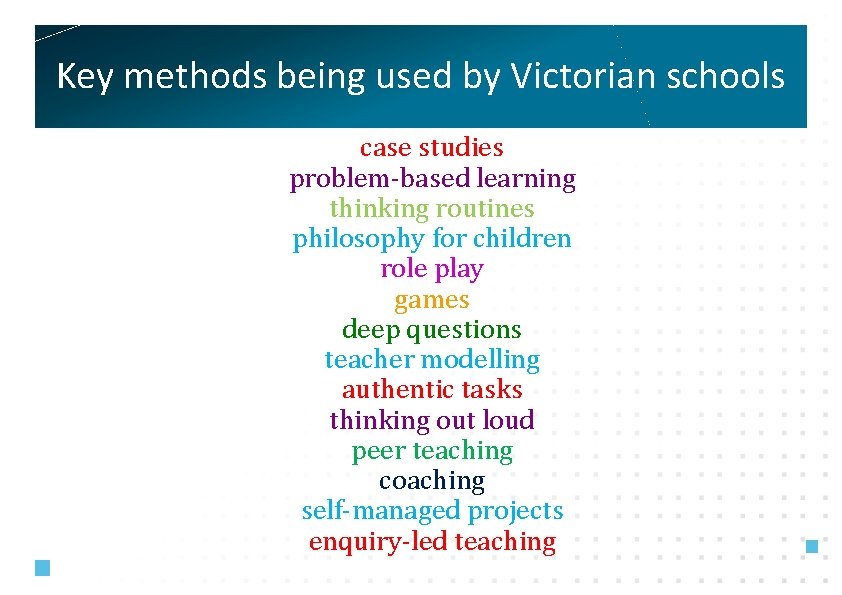Key methods being used by Victorian schools case studies problem-based learning thinking routines philosophy