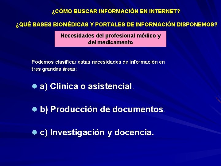 ¿CÓMO BUSCAR INFORMACIÓN EN INTERNET? ¿QUÉ BASES BIOMÉDICAS Y PORTALES DE INFORMACIÓN DISPONEMOS? Necesidades