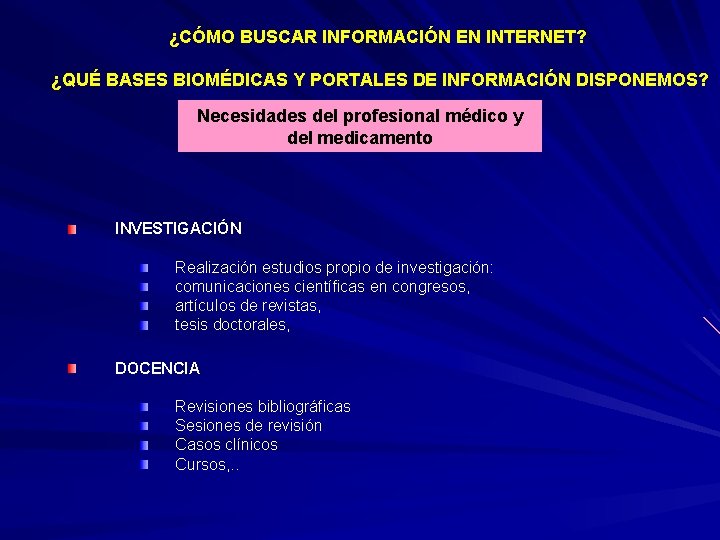 ¿CÓMO BUSCAR INFORMACIÓN EN INTERNET? ¿QUÉ BASES BIOMÉDICAS Y PORTALES DE INFORMACIÓN DISPONEMOS? Necesidades