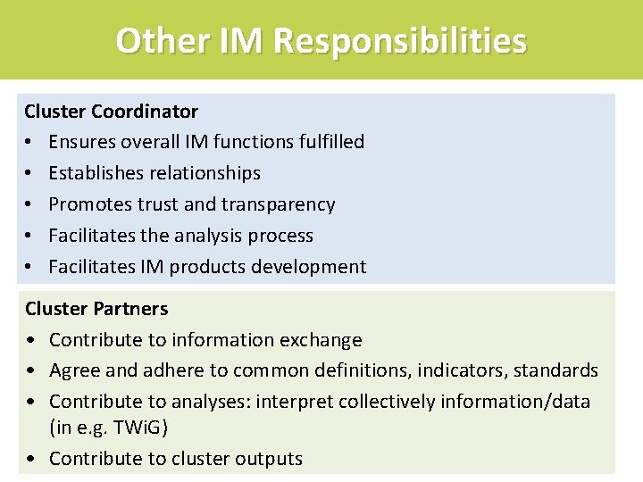 Other IM Responsibilities Cluster Coordinator • Ensures overall IM functions fulfilled • Establishes relationships