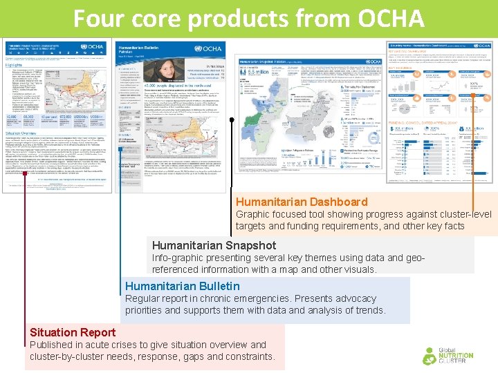 Four core products from OCHA Humanitarian Dashboard Graphic focused tool showing progress against cluster-level
