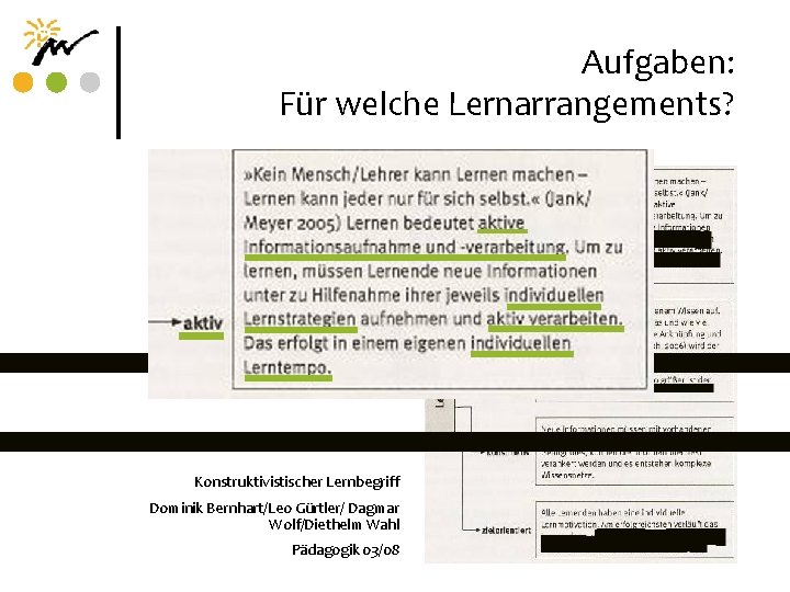 Aufgaben: Für welche Lernarrangements? Konstruktivistischer Lernbegriff Dominik Bernhart/Leo Gürtler/ Dagmar Wolf/Diethelm Wahl Pädagogik 03/08