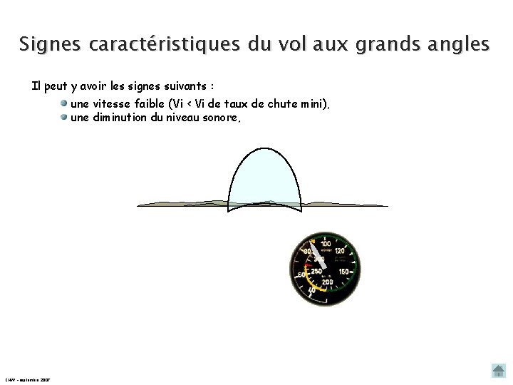 Signes caractéristiques du vol aux grands angles Il peut y avoir les signes suivants