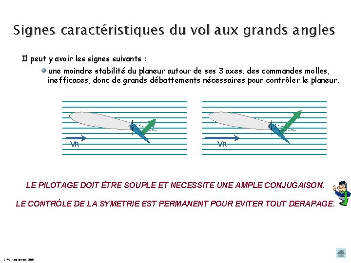 Signes caractéristiques du vol aux grands angles Il peut y avoir les signes suivants