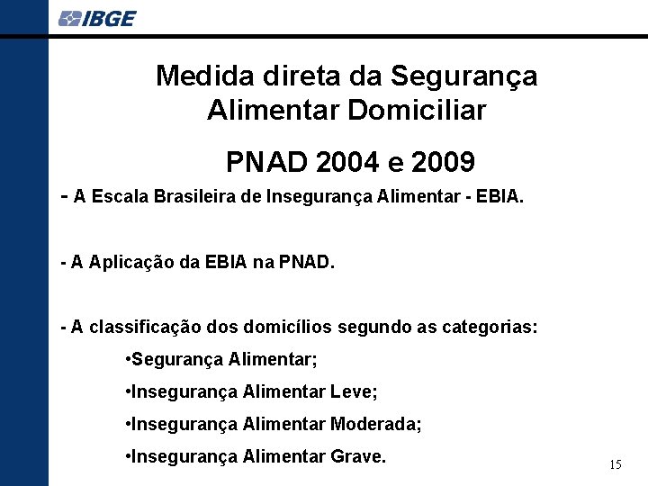 Medida direta da Segurança Alimentar Domiciliar PNAD 2004 e 2009 - A Escala Brasileira