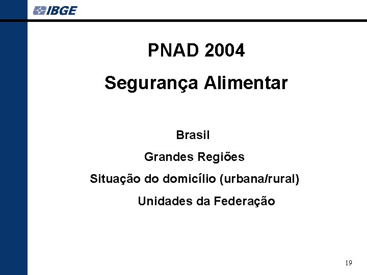 PNAD 2004 Segurança Alimentar Brasil Grandes Regiões Situação do domicílio (urbana/rural) Unidades da Federação