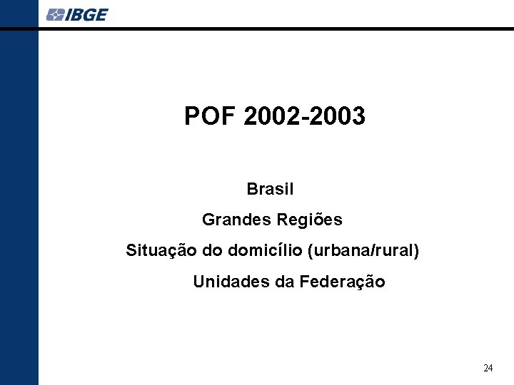 POF 2002 -2003 Brasil Grandes Regiões Situação do domicílio (urbana/rural) Unidades da Federação 24