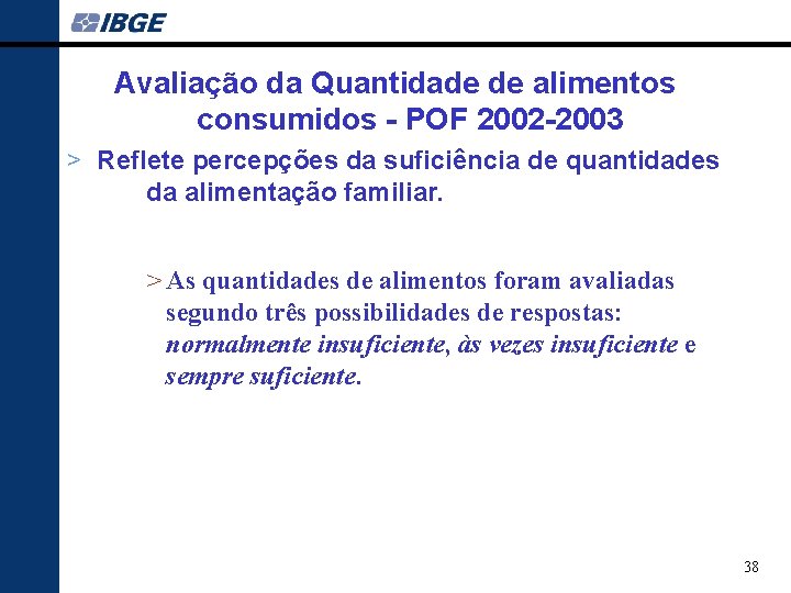 Avaliação da Quantidade de alimentos consumidos - POF 2002 -2003 > Reflete percepções da