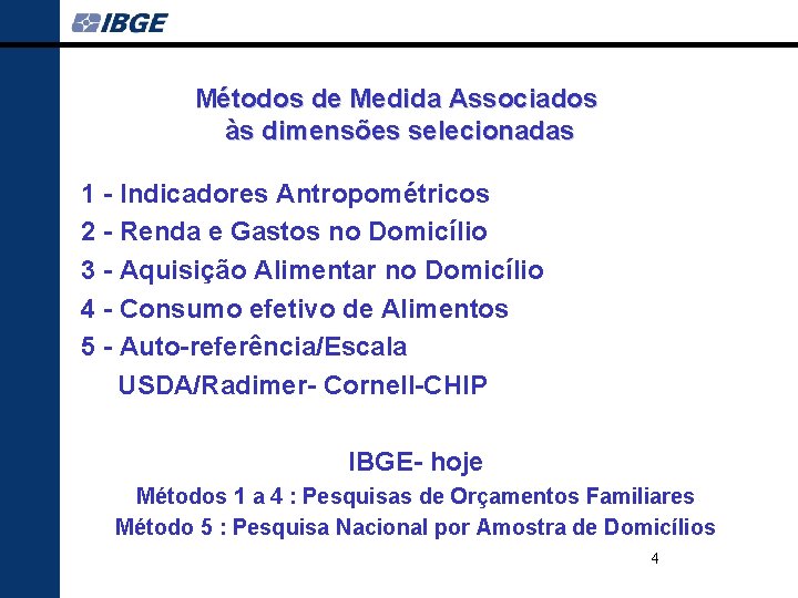 Métodos de Medida Associados às dimensões selecionadas 1 - Indicadores Antropométricos 2 - Renda