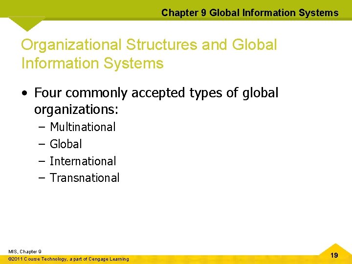Chapter 9 Global Information Systems Organizational Structures and Global Information Systems • Four commonly