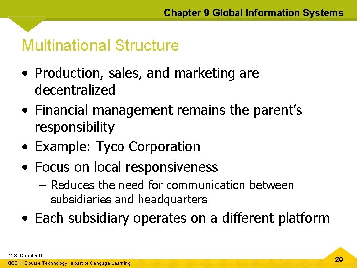 Chapter 9 Global Information Systems Multinational Structure • Production, sales, and marketing are decentralized Chapter 9 Global Information Systems Multinational Structure • Production, sales, and marketing are decentralized