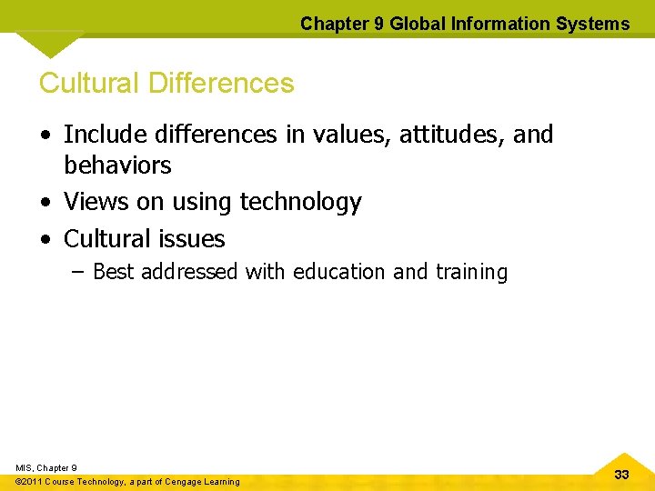 Chapter 9 Global Information Systems Cultural Differences • Include differences in values, attitudes, and