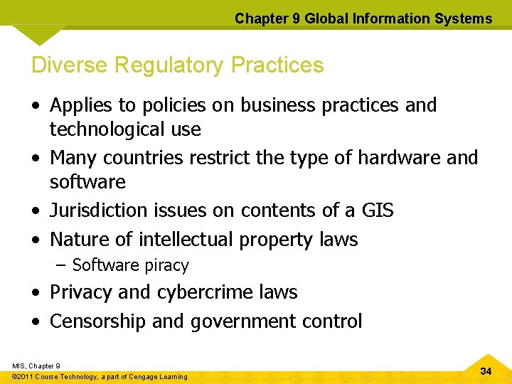 Chapter 9 Global Information Systems Diverse Regulatory Practices • Applies to policies on business