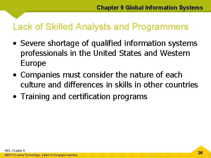 Chapter 9 Global Information Systems Lack of Skilled Analysts and Programmers • Severe shortage