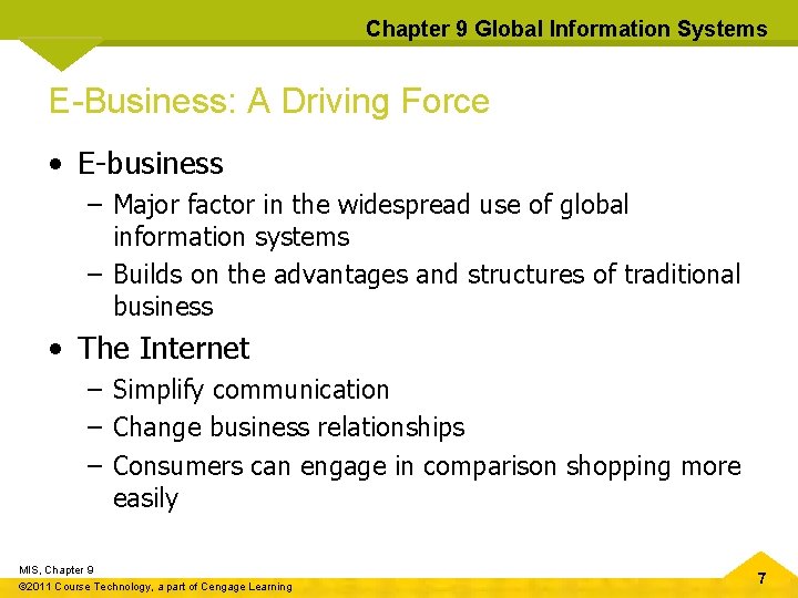 Chapter 9 Global Information Systems E-Business: A Driving Force • E-business – Major factor