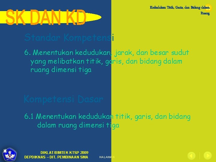 Kedudukan Titik, Garis, dan Bidang dalam Ruang Standar Kompetensi 6. Menentukan kedudukan, jarak, dan