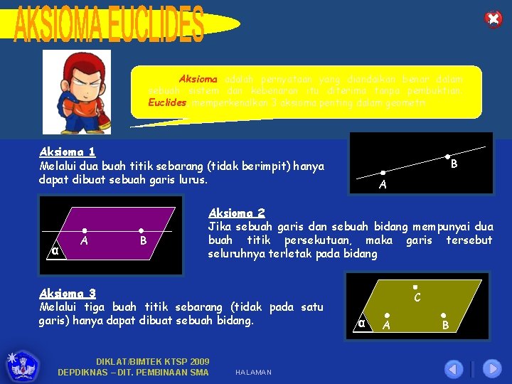 Pengertian Titik, Garis, dan Bidang + Aksioma Euclides Aksioma adalah pernyataan yang diandaikan benar