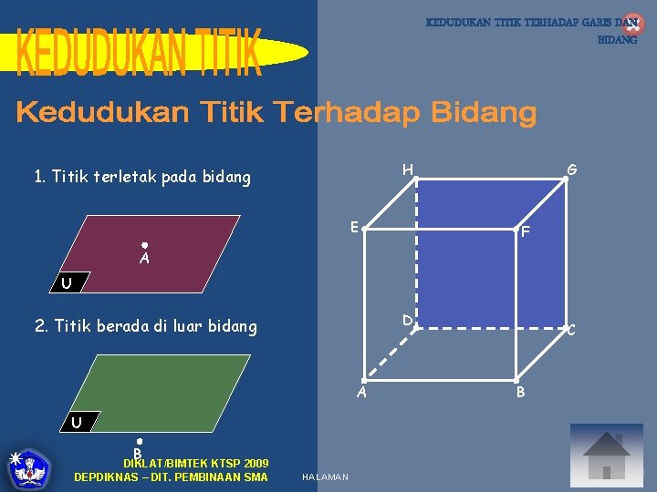 KEDUDUKAN TITIK TERHADAP GARIS DAN BIDANG H 1. Titik terletak pada bidang E G