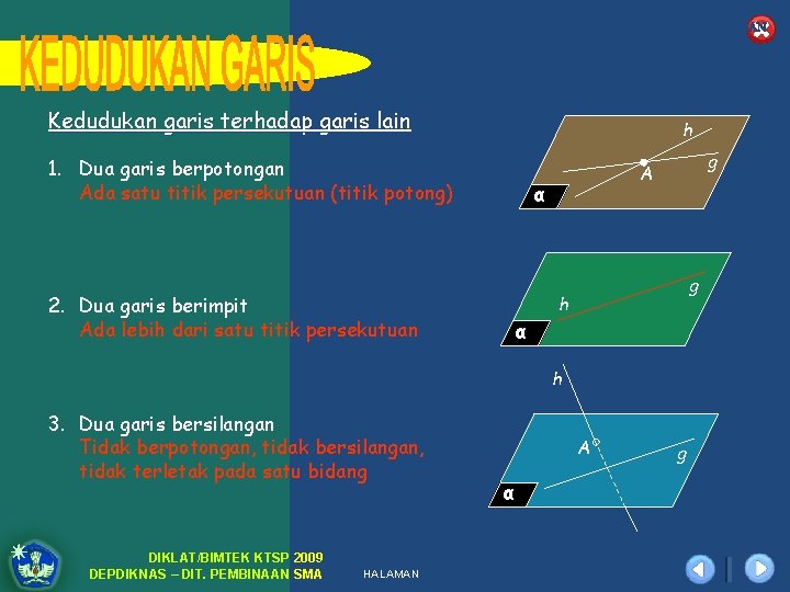 KEDUDUKAN GARIS TERHADAP GARIS DAN BIDANG Kedudukan garis terhadap garis lain h 1. Dua