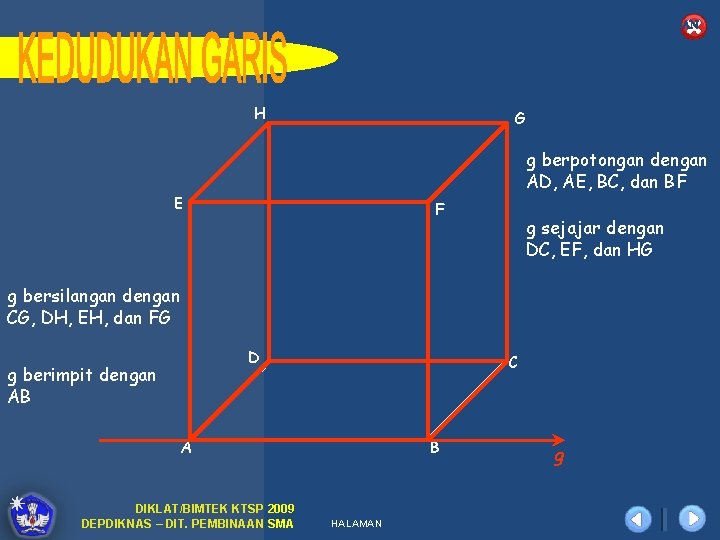 KEDUDUKAN GARIS TERHADAP GARIS DAN BIDANG H G g berpotongan dengan AD, AE, BC,