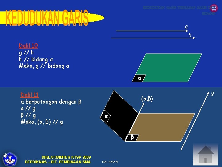 KEDUDUKAN GARIS TERHADAP GARIS DAN BIDANG g h Dalil 10 g // h h