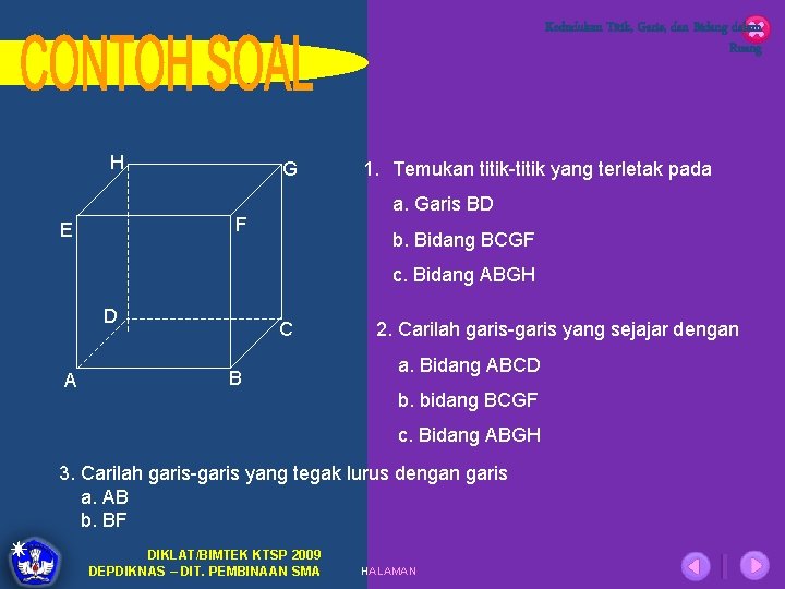 Kedudukan Titik, Garis, dan Bidang dalam Ruang H G a. Garis BD F E