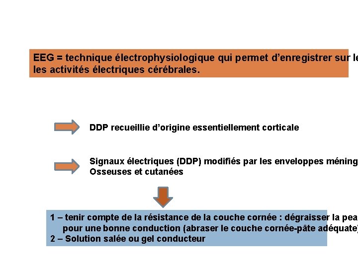 EEG = technique électrophysiologique qui permet d’enregistrer sur le les activités électriques cérébrales. DDP