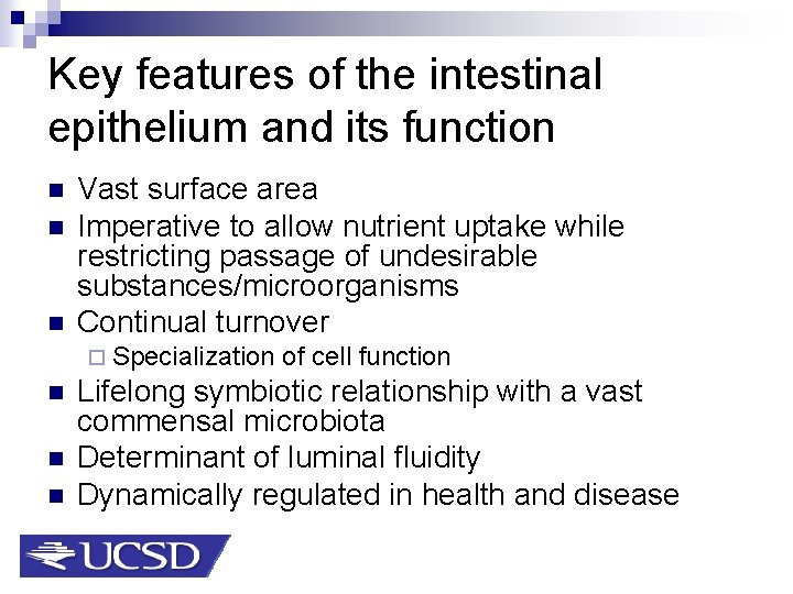 Key features of the intestinal epithelium and its function n Vast surface area Imperative