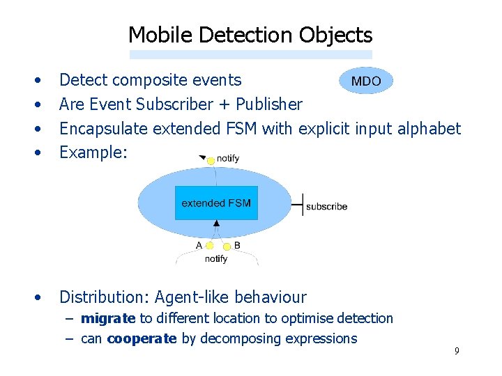 Mobile Detection Objects • • Detect composite events Are Event Subscriber + Publisher Encapsulate