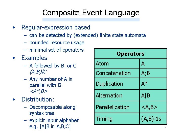 Composite Event Language • Regular-expression based – can be detected by (extended) finite state