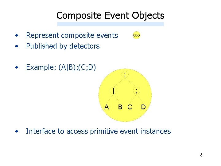 Composite Event Objects • • Represent composite events Published by detectors • Example: (A|B);