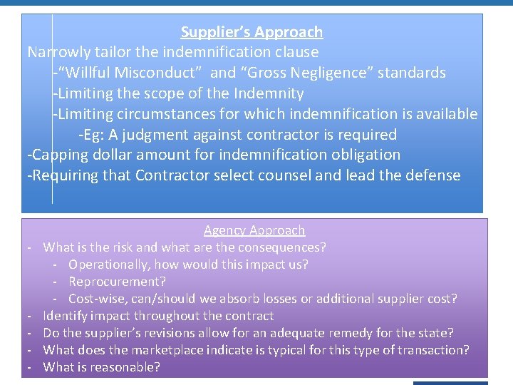 Supplier’s Approach Narrowly tailor the indemnification clause -“Willful Misconduct” and “Gross Negligence” standards -Limiting