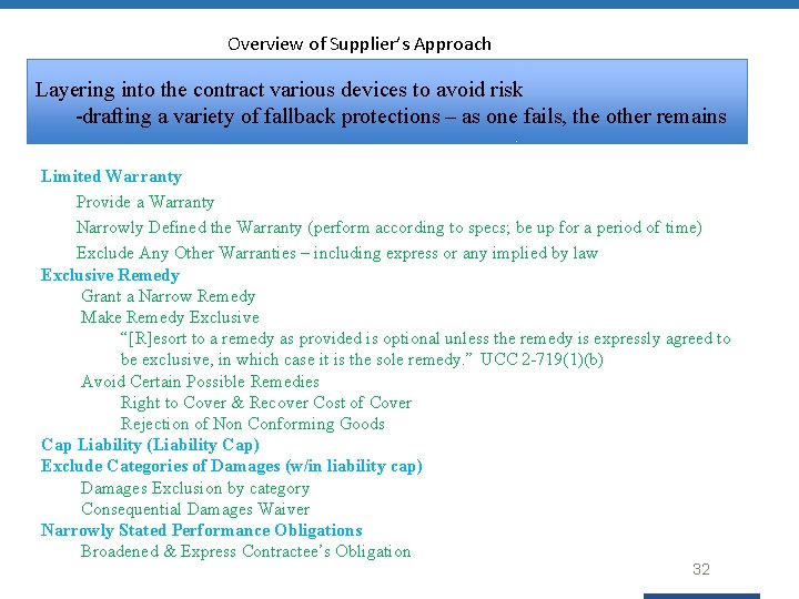 Overview of Supplier’s Approach Layering into the contract various devices to avoid risk -drafting