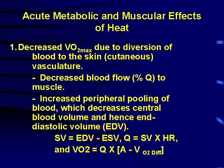 Acute Metabolic and Muscular Effects of Heat 1. Decreased VO 2 max due to