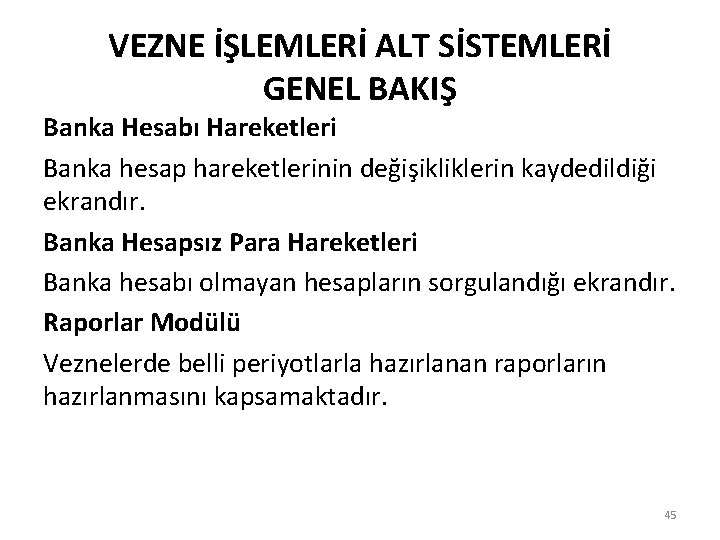 VEZNE İŞLEMLERİ ALT SİSTEMLERİ GENEL BAKIŞ Banka Hesabı Hareketleri Banka hesap hareketlerinin değişikliklerin kaydedildiği