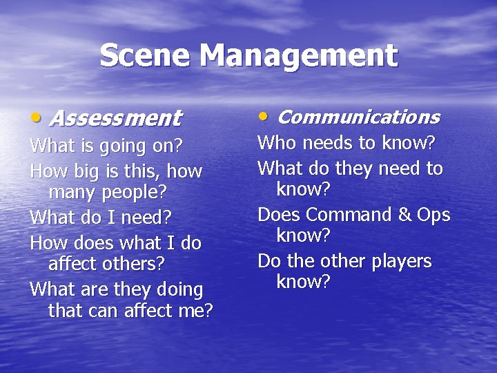 Scene Management • Assessment What is going on? How big is this, how many