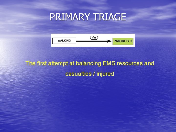 PRIMARY TRIAGE The first attempt at balancing EMS resources and casualties / injured 