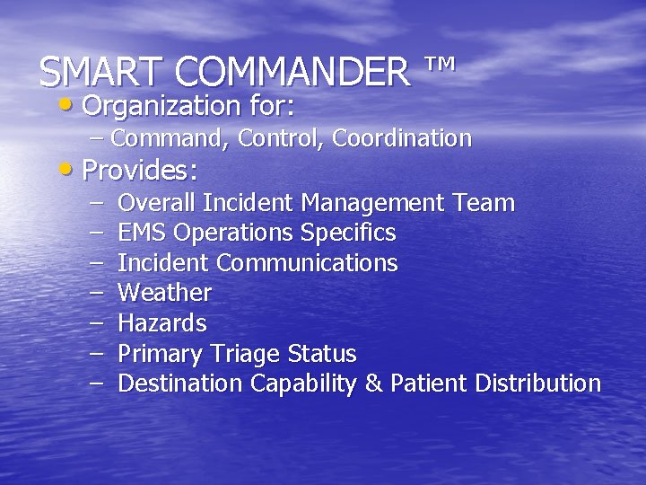 SMART COMMANDER ™ • Organization for: – Command, Control, Coordination • Provides: – –