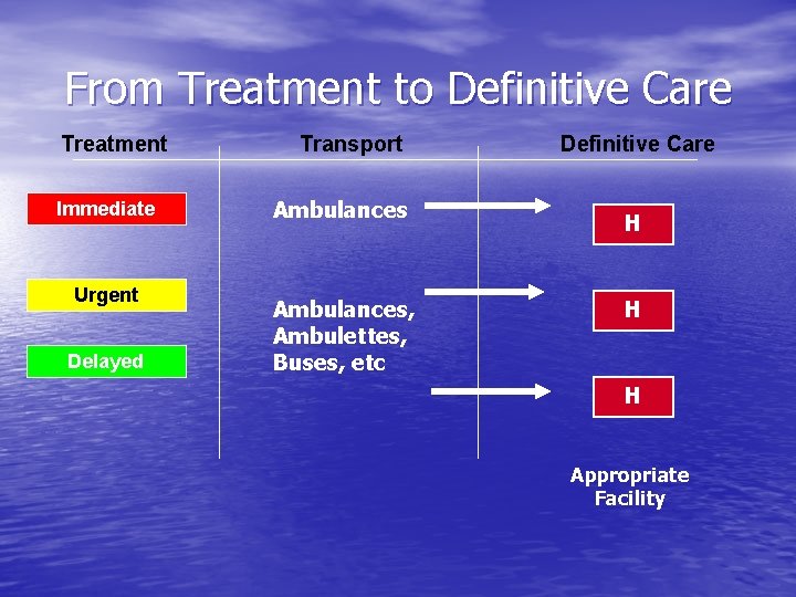 From Treatment to Definitive Care Treatment Immediate Urgent Delayed Transport Ambulances, Ambulettes, Buses, etc