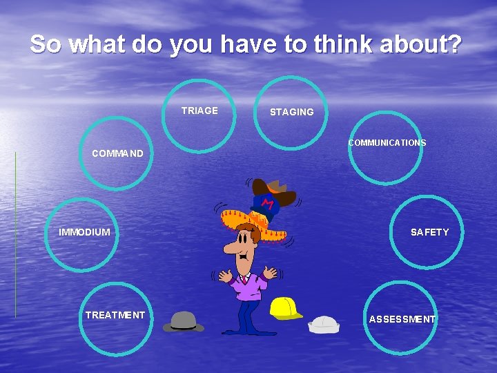 So what do you have to think about? TRIAGE STAGING COMMUNICATIONS COMMAND IMMODIUM TREATMENT