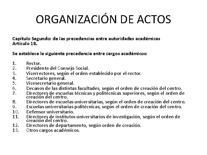 ORGANIZACIÓN DE ACTOS Capítulo Segundo: de las precedencias entre autoridades académicas Artículo 18. Se