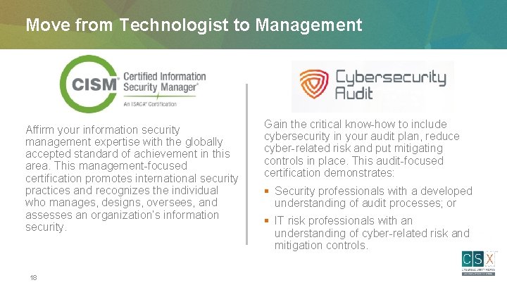 Move from Technologist to Management Affirm your information security management expertise with the globally