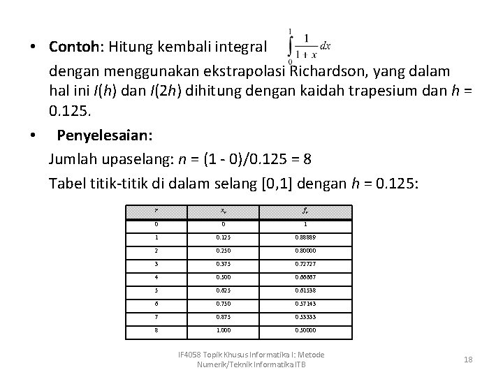  • Contoh: Hitung kembali integral dengan menggunakan ekstrapolasi Richardson, yang dalam hal ini