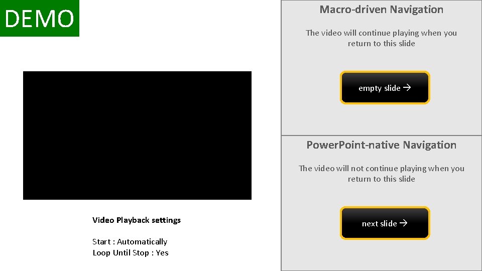 DEMO Macro-driven Navigation The video will continue playing when you return to this slide DEMO Macro-driven Navigation The video will continue playing when you return to this slide