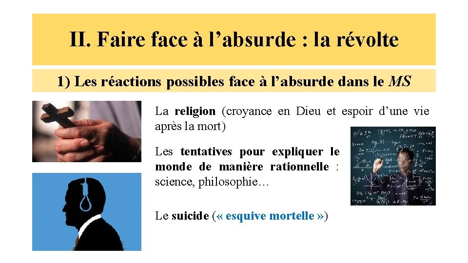 II. Faire face à l’absurde : la révolte 1) Les réactions possibles face à