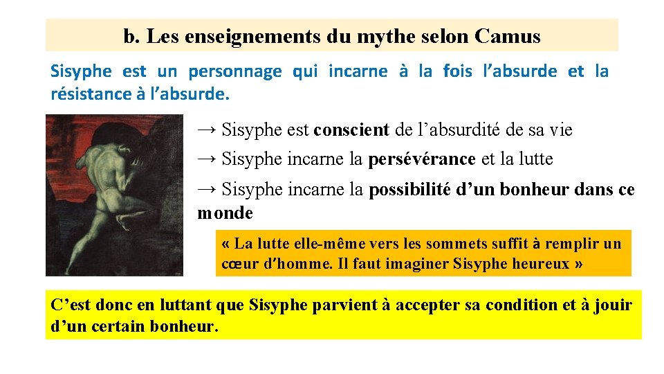 b. Les enseignements du mythe selon Camus Sisyphe est un personnage qui incarne à