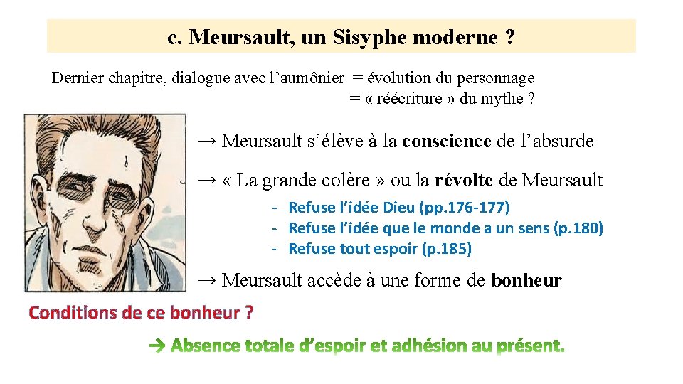 c. Meursault, un Sisyphe moderne ? Dernier chapitre, dialogue avec l’aumônier = évolution du
