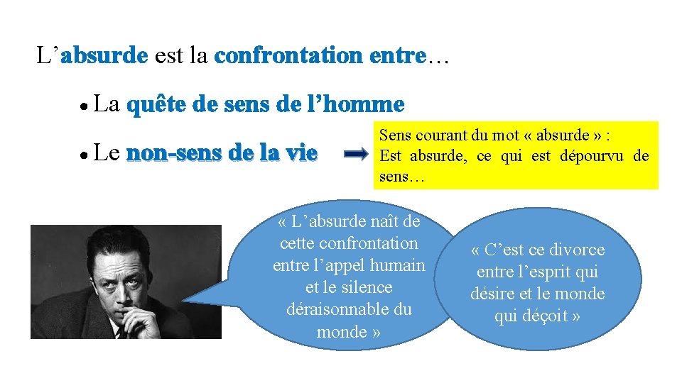 L’absurde est la confrontation entre… ● La quête de sens de l’homme ● Le