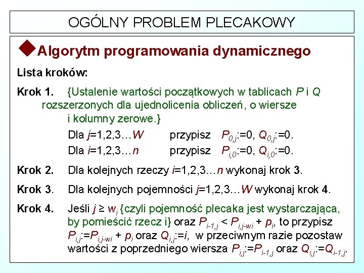 OGÓLNY PROBLEM PLECAKOWY u. Algorytm programowania dynamicznego Lista kroków: Krok 1. {Ustalenie wartości początkowych